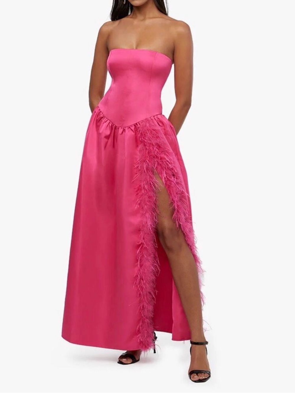WeWoreWhat Vibrant Hot Pink Corset Dress with Feathers and High Leg Slit Fitted - Picture 2 of 11